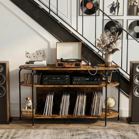 Faesun Large Record Player Stand with Vinyl Record Storage & Power Outlets, Holds 200+ Albums, 3-Tier Turntable Stand for Living Room & Bedroom, Mid Century Round Shelf Design,Vintage Faesun