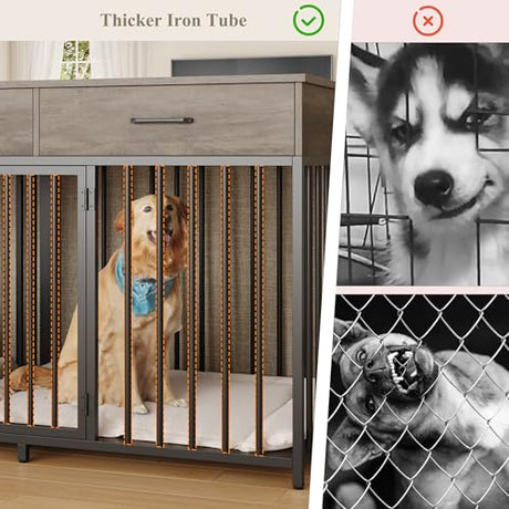 HOSTACK Double Dog Crates Furniture, 71" Wide Indoor Dog Kennel with 3 Drawers, Farmhouse Dog Cage for 2 Large/Medium Dogs, Heavy Duty Dog Crate with Removable Divider, Wooden Pet House, Ash Grey HOSTACK