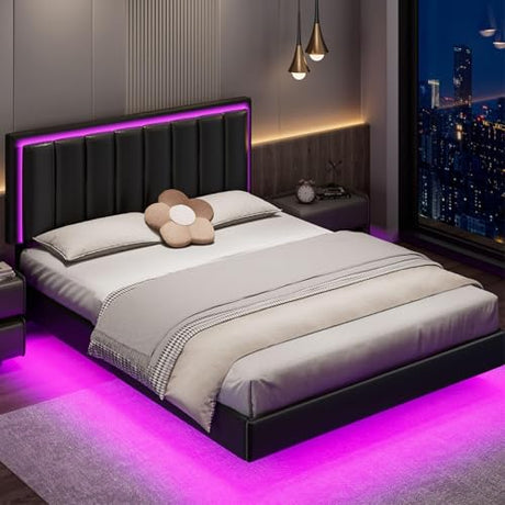 IMMERSTABLE Floating Bed Frame Queen, Queen Upholstered Bed Frame with Headboard, RGB LED Ligths, Solid Wood Slats Support, No Box Spring Needed, Noise-Free, Easy Assembly, Black IMMERSTABLE