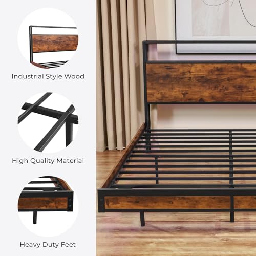 BedsPick Full Size Bed Frame with 2-Tier Storage Headboard, Sturdy Metal Platform Bed Frame with Charging Station & LED Lights, Noise-Free/Metal Support/No Box Spring Needed, Rustic Brown BedsPick