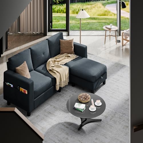 Shintenchi 79 Inch Convertible Sectional Sofa Couch, Modern Linen Fabric L-Shaped , 3-Seat Sofa Sectional with Reversible Chaise for Living Room, Apartment and Small Space (Dark Grey)