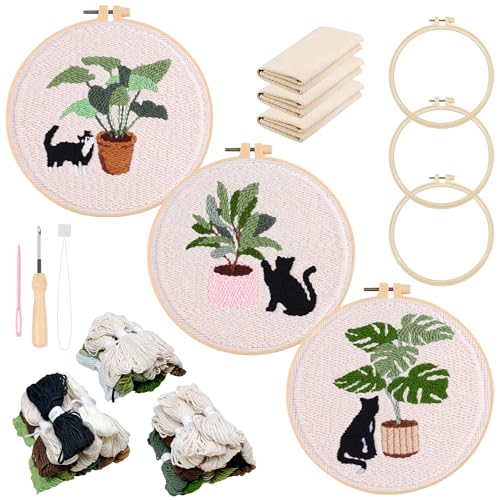 Allazone 3 Set Embroidery Starter Kits for Beginner, Cat Punch Needle Kit with Instruction, Plastic Hoop, Yarns and Embroidery Handle Needle Pen