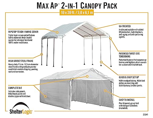 ShelterLogic 10' x 20' MaxAP Large Portable Garage 2in1 Kit Heavy-Duty Steel Frame Outdoor Canopy, Gazebo, or Carport Tent with Enclosure for Car, SUV, Truck, Boat, Tractor, White ShelterLogic