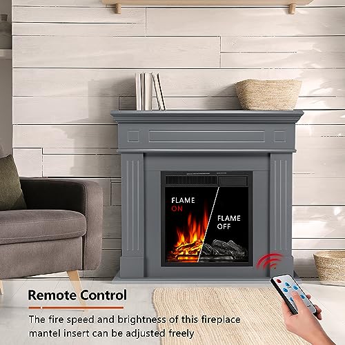 R.W.FLAME 43” Electric Fireplace Mantel Wooden Surround Firebox, TV Stand with Freestanding Electric Fireplace, Remote Control, Adjustable Led Flame, 750W/1500W Grey R.W.FLAME