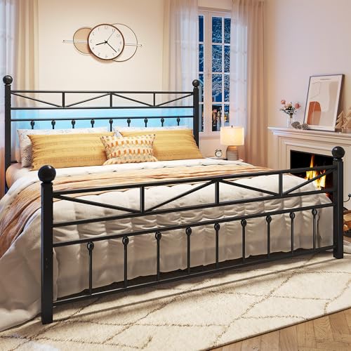 EnHomee 54" Metal King Bed Frame with Tall Headboard & Footboard, LED Light King Bed Frame, Strong Metal Slats Support and Noise-Free Design with Under Bed Storage/No Box Spring Needed/Black EnHomee