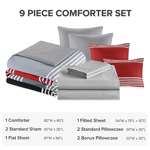 Comfort Spaces Comforter Sets with Sheets - Bed in a Bag 9 Pieces Teen Bedding Sets , Red and Grey Stripes Bedding Full, College Full Bed Set with 2 Side Pockets Bedroom Organizer Comfort Spaces