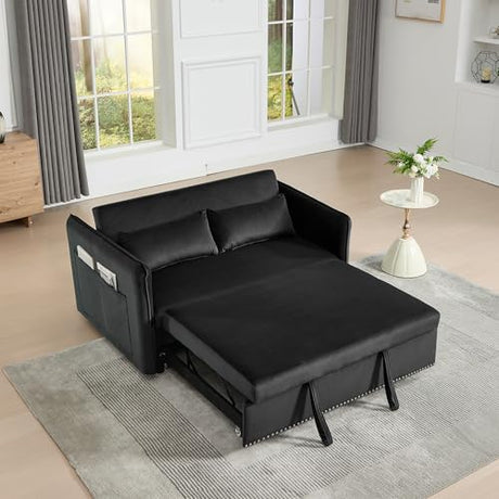 HKXINANJIAHE 3 in 1 Convertible Sleeper Futon Sofa Bed, Velvet Small Loveseat with Reclining Backrest and Side Pockets for Living Room, Includes 2 Pillows HKXINANJIAHE