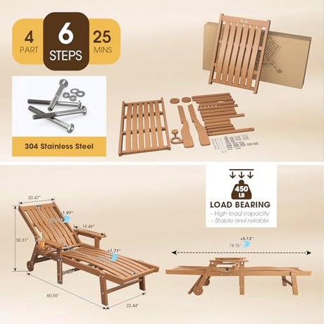 THOEOE Patio Chaise Lounge Chair, Oversized Lounge Chair Outdoor with 5 Positions, 78″ Long, HDPE, Patio Lounge Chair with Wheels & Cup Holder for Pool, Deck, Poolside,Wood THOEOE