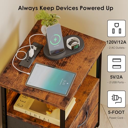 Fixwal Night Stand with Charging Station, LED Nightstand with U-S-B Ports and Outlets, 2 Fabric Storage Drawers with PU Finish, Bedside Table, Rustic Brown Fixwal