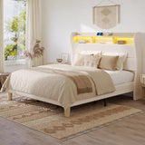 Bestier King Size Upholstered Wingback Bed Frame with 51” High Headboard Corduroy Fabric RGB LED Lights, Charging Station Dual Storage Shelves Modern Off White Platform Bed No Box Spring Needed Bestier