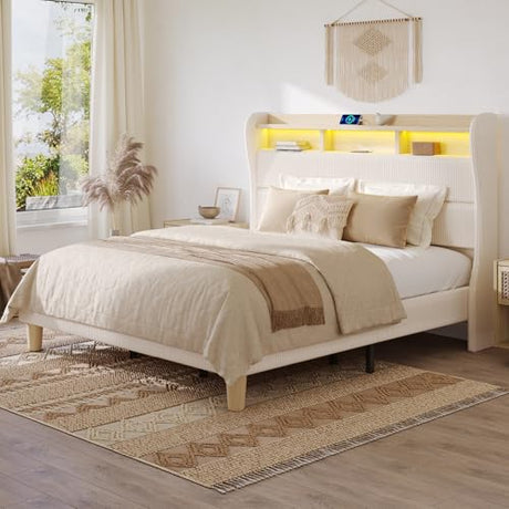 Bestier King Size Upholstered Wingback Bed Frame with 51” High Headboard Corduroy Fabric RGB LED Lights, Charging Station Dual Storage Shelves Modern Off White Platform Bed No Box Spring Needed Bestier