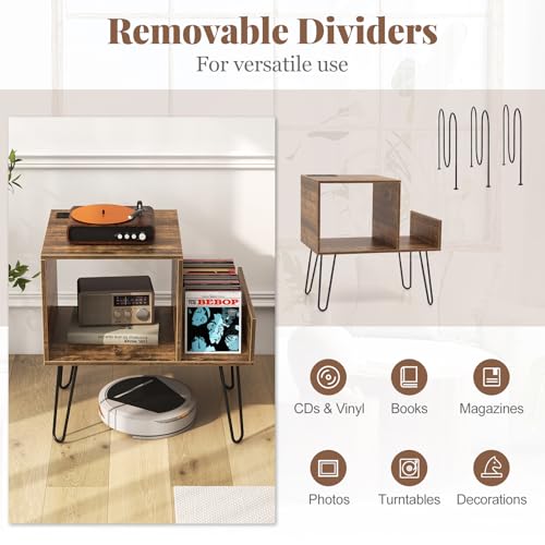 Giantex Record Player Stand with Charging Station, Turntable Stand with Vinyl Divider & Display Shelf, Mid-century Modern End Table Holds Up to 150 Albums, Vinyl Record Storage Cabinet for Living Room Giantex