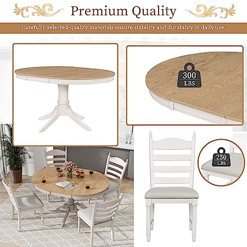 Dinehome 5-Piece Wooden Round Extendable Dining Table and 4 Upholstered Chairs Set for Kitchen Living Room, Retro Style, Off White - WoodArtSupply