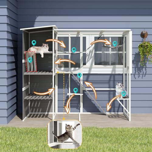 Large 4-Tier Outdoor Cat Enclosure Walk-in Catio with Weatherproof Solid Wood House, Connect to Window, 4 Platforms, 4 Private Resting Rooms & Bridge, for Multiple Cats (Grey) GZPATICY