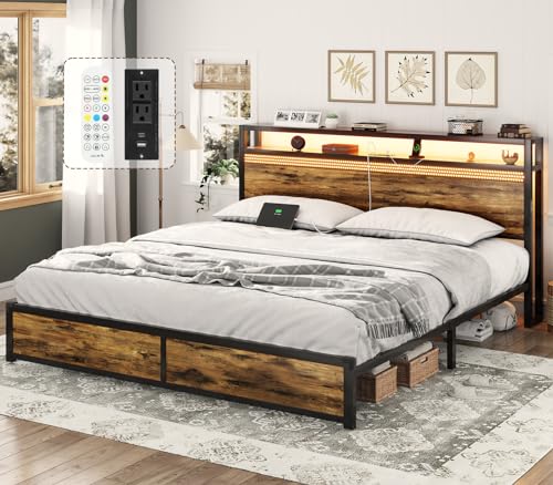 BTHFST Vintage Brown King Size Bed Frame with Storage Headboard, USB Ports & LED Lighting - WoodArtSupply