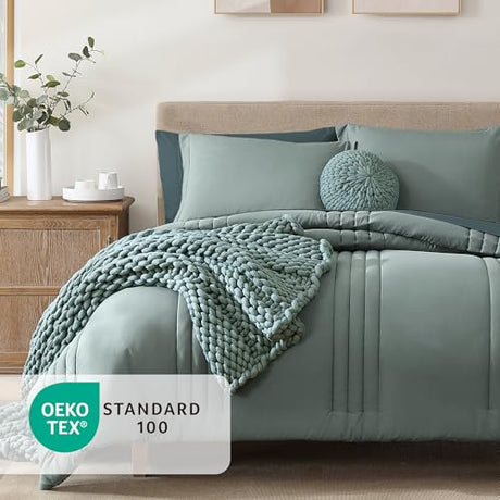 Monbix Full Size Comforter Sets - 7 Pieces Sage Green Bed in a Bag Full Size Bedding Sets with Comforter, Sheets, Pillowcases & Shams Monbix