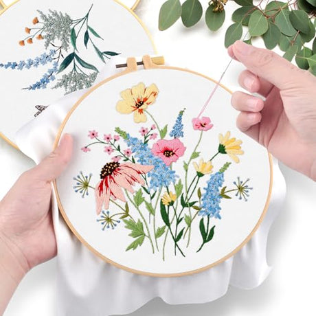 ERKOON Embroidery Kit for Beginners, 5 Sets Flower Cross Stitch Set for Adults Include Embroidery Cloth Hoops Threads for Craft Lover Hand Stitch with Skill Techniques (Flower) ERKOON