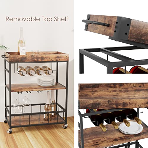 Azheruol Bar Cart Serving Wine 3 Tier Home Rolling Rack with Wheels Mobile Kitchen Industrial Vintage Style Wood Metal Serving Trolley Serving Cart,Glass Holder Bar Cabinet