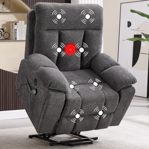 CANMOV Large Power Lift Recliner Chair with Massage and Heat for Elderly Big and Tall People, Overstuffed Wide Recliners with 2 Cup Holders, Side Pocket and USB Port, Dark Grey