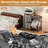 HYPIGO Record Player Stand with Power Outlets, Turntable Stand with Vinyl Record Storage Holds 300+ Albums, Record Player Table with Vinyl Display Holder for Living Room HYPIGO