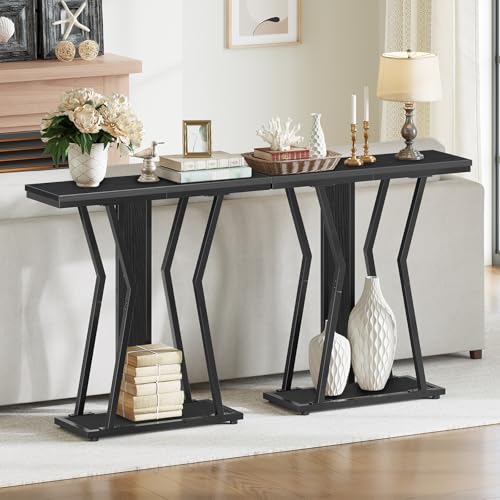 HOOBRO Narrow Console Table, 29.5" Small Entryway Table with Storage, 2-Tier Sofa Table Behind Couch, Modern Style, for Living Room, Hallway, Foyer, Bedroom, Black BB66XG01 HOOBRO