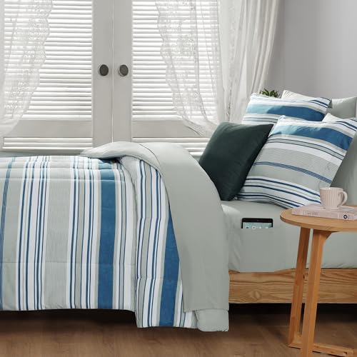 Monbix Queen Comforter Set - 7 Pieces Bed in a Bag Queen, Blue-Stripe Bedding Sets, All Seasons Comforter Bed Set with Sheets, Pillowcases & Shams Monbix