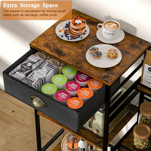 Rustic Brown Coffee Bar Cabinet with Drawer - 3-Tier Coffee Stand Station for Small Spaces