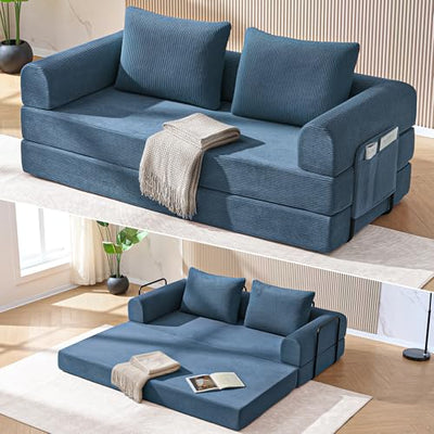 YUUIJOAA 4-in-1 Folding Convertible Sofa Bed, 78 Inch Oversized Corduroy Loveseat Sleeper with Pull Out Bed, Boneless Futon Couch for Living Room Apartment, No Assembly Needed, Blue