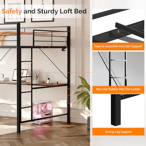 VINGLI Loft Bed Full Size with 15 Inches Extra Tall Guardrail, LED Lights and Desk Underneath, Industrial Metal Double High Sleeper with 2 Charging Stations and Flat Rung Steps, Space Saving,Black VINGLI