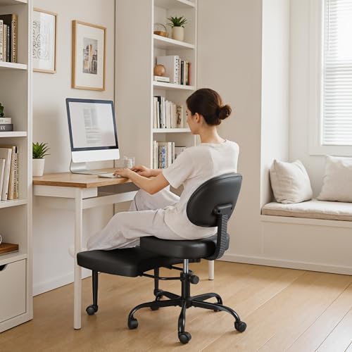 Shahoo Ergonomic Cross Legged Office Chair with Wheels - Adjustable Height Kneeling Meditation Chairs for ADHD, Yoga & Desk Work - Wide Criss Cross Seat with Lumbar Support, (Faux PU,Black) Shahoo
