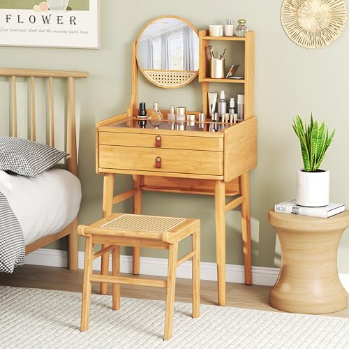 GOFLAME Bamboo Vanity Table with Adjustable Mirror, Small Makeup Vanity with Storage Drawers, Hutch Shelves, Glass Top, Rustic Compact Dressing Table for Bedroom, Small Spaces, Natural GOFLAME