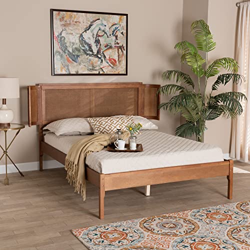 Baxton Studio Eridian Mid-Century Queen Platform Bed in Walnut Brown with Natural Rattan Baxton Studio