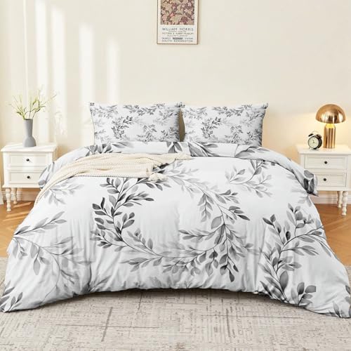 Duvet Cover Single 61" x 79" Size - Reversible Minimalist Retro Botanical Duvet Cover Set for Kids and Adults with Zipper Closure, 3 Pieces Grey Bedding Set with 2 Pillow Shams Generic
