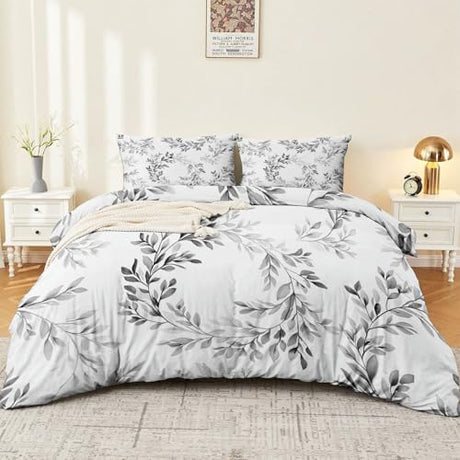 Duvet Cover Single 61" x 79" Size - Reversible Minimalist Retro Botanical Duvet Cover Set for Kids and Adults with Zipper Closure, 3 Pieces Grey Bedding Set with 2 Pillow Shams Generic