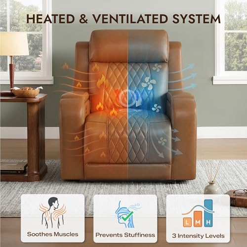 Watson & Whitely Genuine Leather Wall Hugger Power Recliner Chair with Power Headrest, Heating & Cooling, Electric Lay Flat Recliner with Cup Holders & Armrest Storage for Living Room, Saddle Brown