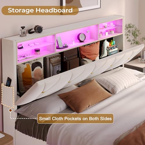 BTHFST Full Size Bed Frame with Headboard Storage & LED Lights, Platform Bed Frame Full Size with Charging Station, Velvet Upholstered Bed with Shelf Headboard, No Box Spring Needed, Creamy White BTHFST