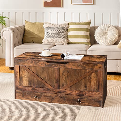 HOOBRO Storage Chest, Storage Trunk with Drawer, Wooden Storage Bench, Sturdy Entryway Bench Supports 220 lb, Shoe Bench, Safety Hinge, U-Shaped Opening, Easy Assembly, Rustic Brown FG710CW01 HOOBRO