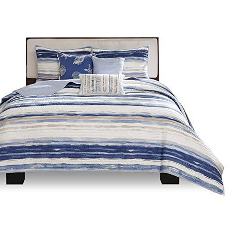 Madison Park Quilt Set Cottage Coastal Design, 6 Piece Set - All Season, Coverlet Bedspread Lightweight Bedding Layer, Shams, Toss Pillows, King/Cal King(104"x94"), Blue/White Madison Park