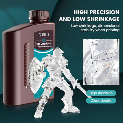 SUNLU High Clear 3D Printer Resin, High Transparency 3D Printing Resin, Resist Yellowing Clear Resin, 405nm UV Curing 3D Printing Photopolymer Resin, Suitable for LCD/DLP/SLA 3D Resin Printer, 1000g