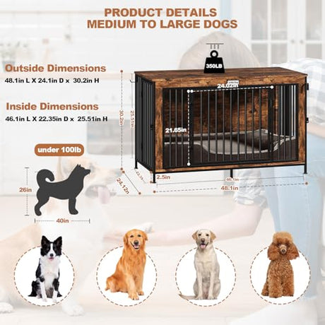 XL Dog Crate Furniture 48'' | Extra Large Heavy Duty Anti-Chew Dog Kennel | Rustic Wooden Entertainment Center & TV Stand with 350LB Top Capacity | Escape Proof Double Door Pet House FurnPulse