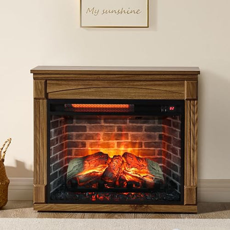 Innoflame 28" Electric Fireplace with Mantel, Freestanding Fireplaces with Realistic Flame & Logs, Remote Control, Timer, Adjustable 4 Flame Brightness, Indoor Fireplace for Living Room & Bedroom Innoflame