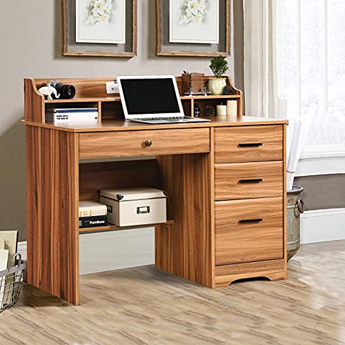 Catrimown Computer Desk with Drawers and Hutch, 44” Rustic Oak Wood Desk with 4 Drawers for Home Office Secretary Writing Table, Small Desk with File Drawer for Small Places, Rustic Oak Catrimown