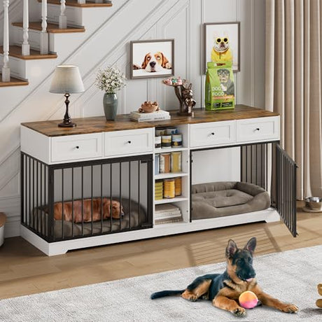 Double Dog Crate Furniture, 82'' Large Dog Kennel Indoor with 4 Drawers and Shelves, Heavy Duty Wooden Dog Crate TV Stand for 2 Large Medium Dogs, White+Brown Garvee