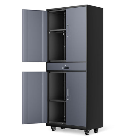 DNA MOTORING Metal Storage Cabinet, 73'' Rolling Garage Cabinet with 1 Drawer and Adjustable Shelves, Lockable Cabinet Heavy Duty Utility Cabinet for Garage,Office,Home,Gray Black, TOOLS-00630-GY-BK DNA MOTORING
