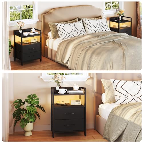 HONGOUZWL Night Stand with Charging Station, LED Nightstand with Storage 2 Shelfs & 2 Fabric Drawers, Morden End Table with U-S-B Ports & AC Outlets, Black HONGOUZWL