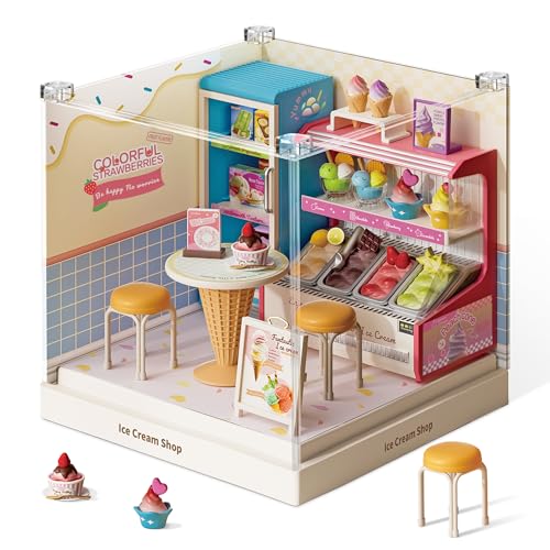 Tkmango Ice Cream Shop Super Miniature House Kit - DIY Plastic 3D Model Building Set for Adults & Teens, Build Your Own Sweets Dessert Shop with Dustproof Case, Creative Craft Gift for Girls Women