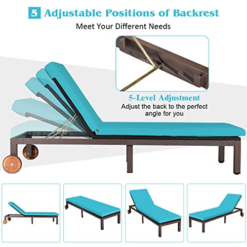 Tangkula Patio Chaise Lounge Chair, Outdoor Rattan Lounger Recliner Chair with Wheels, Wicker Chaise Chair W/Cushioned Seating, Recliner 5-Position Adjustable for Garden Patio Poolside (1, Turquoise)