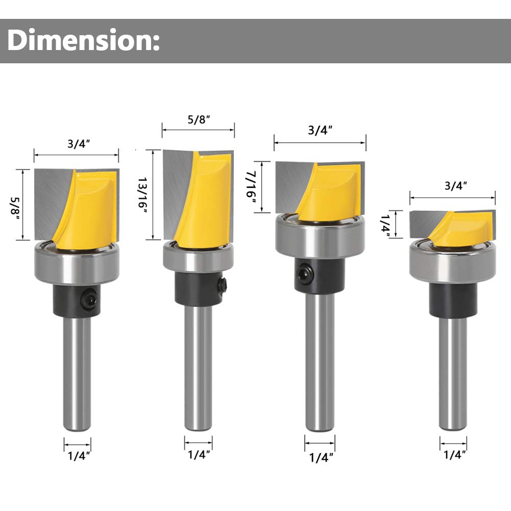 Yakamoz 4Pcs 1/4 Inch Shank Hinge Mortising Flush Trim Template Router Bit Set with Ball Bearing Carbide Tipped Router Bits Wood Milling Cutter Tool YAKAMOZ