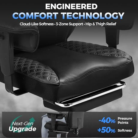 COMHOMA Big and Tall Office Chair 400LBS Heavy Duty Gaming Chair with Deluxe Embossing Leather High Back Wider Ergonomic Computer Chair with Foot Rest 150°Reclining Pocket Spring Lumbar Support COMHOMA