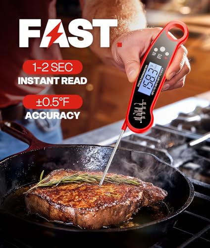 Meat Thermometer Digital – Instant Read Food Thermometer for Grilling, BBQ, Air Fryer, Smoker, Candy Making, Kitchen Gadgets, BBQ Essentials, Gift for Fathers Day, Dad Men Husband Him, Red ONFIKY